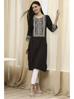 Biba - Women Viscose Blend Black Key Hole Neck Kurta