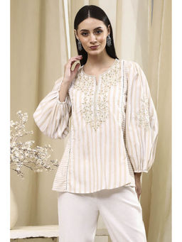 Biba - Women Cotton Beige Round Neck Top