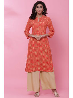 Biba - Women Rayon Orange Mandarin Neck Kurta