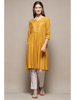 Biba - Women Rayon Yellow Round Neck Kurta