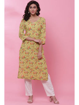 Biba - Women Cotton Green V-Neck Kurta