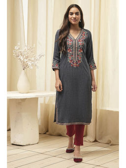 Biba - Women Rayon Grey V-Neck Kurta