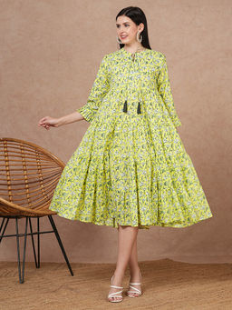 FASHOR - Women Cotton Yellow Mandarin Neck Dress