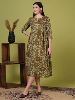 FASHOR - Women Cotton Green Round Neck Dress