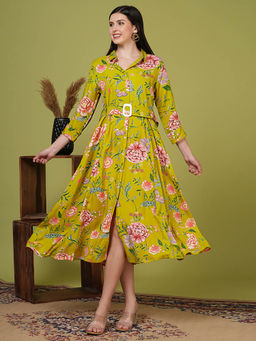 FASHOR - Women Viscose Rayon Green Collar Neck Dress with Belt (Set of 2)