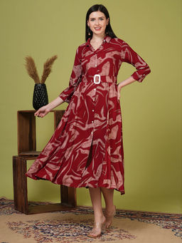 FASHOR - Women Viscose Rayon Red Collar Neck Dress with Belt (Set of 2)