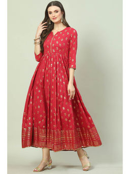 Biba - Women Cotton Red Round Neck Dress