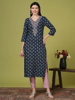 FASHOR - Women Cotton Blue V-Neck Kurta