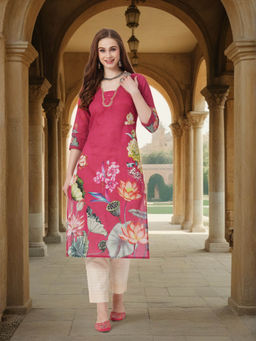 FASHOR - Women Cotton Pink V-Neck Kurta