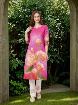 FASHOR - Women Cotton Pink Round Neck Kurta