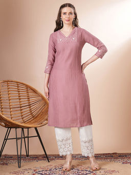 FASHOR - Women Silk Blend Pink V-Neck Kurta