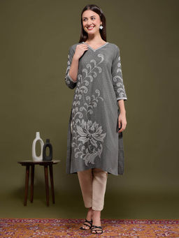 FASHOR - Women Silk Blend Grey V-Neck Kurta