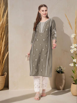 FASHOR - Women Muslin Silk Grey Round Neck Kurta