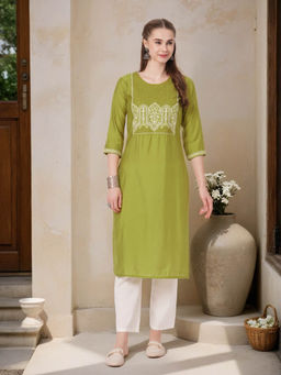 FASHOR - Women Muslin Silk Green Round Neck Kurta