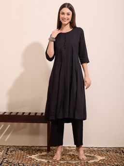 FASHOR - Women Viscose Rayon Black Round Neck Kurta
