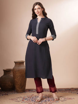 FASHOR - Women Crepe Grey Mandarin Neck Kurta