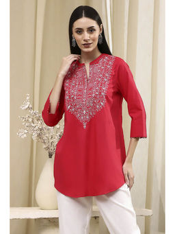 Biba - Women Cotton Pink V-Neck Kurti