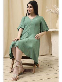 Biba - Women Viscose Green V-Neck Dress
