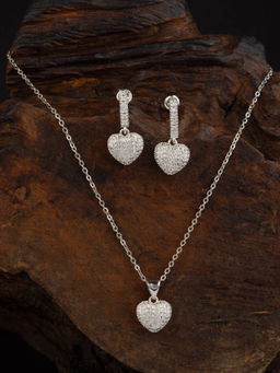 E2O - White Rhodium-Plated Heart CZ-Studded Necklace and Earrings