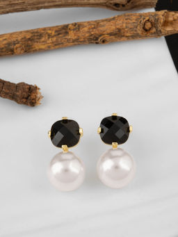 E2O - Black & Gold-Toned Round Shaped Peral Drop Earrings