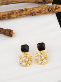 E2O - Black & Gold-Toned Round Shaped Peral Drop Earrings
