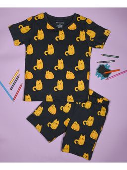 Be Awara - Half Sleeves Cotton T-shirt & Shorts Cat Print Black (Set of 2)
