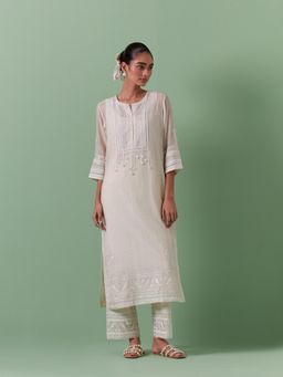 KORA - Women'S Off White Embroidered Round Neck Kurta with Slip with Pant (Set of 3)