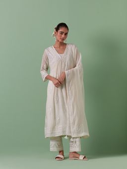 KORA - Women'S Off White Embroidered Round Neck Kurta Slip with Pant and Dupatta (Set of 4)