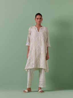 KORA - Women'S Off White Embroidered Round Neck Kurta with Slip with Pant (Set of 3)