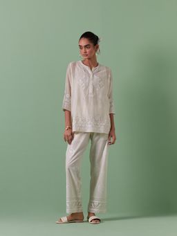 KORA - Women'S Off White Embroidered Round Neck Co-ord (Set of 3)
