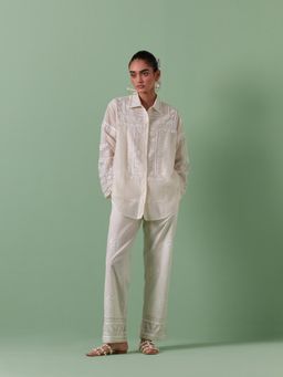 KORA - Women'S Off White Embroidered Collar Neck Shirt with Slip with Pant (Set of 3)