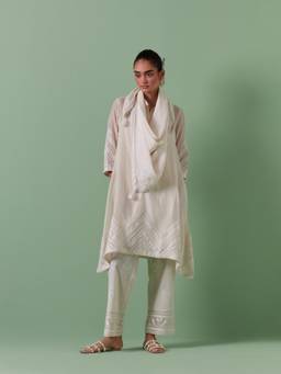KORA - Women'S Off White Embroidered Collar Neck Kurta Slip with Scarf and Pant (Set of 4)