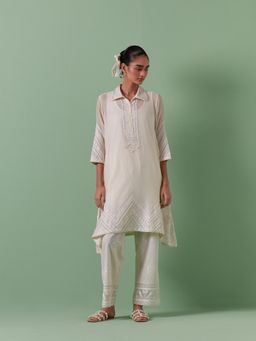 KORA - Women'S Off White Embroidered Collar Neck Kurta with Slip (Set of 2)