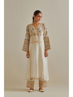 KORA - Women'S Yellow Embroidered V-Neck Kurta with Slip (Set of 2)