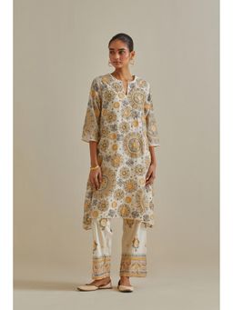 KORA - Women'S Yellow Embroidered Round Neck Kurta with Slip and Pant (Set of 3)