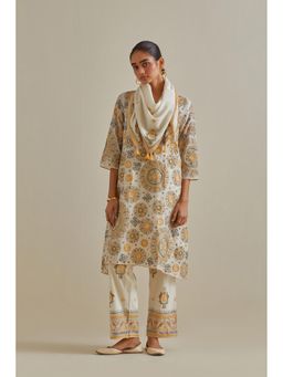 KORA - Women'S Yellow Embroidered Round Neck Kurta Slip with Pant and Scarf (Set of 4)
