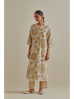 KORA - Women'S Yellow Embroidered Round Neck Kurta with Slip and Pant (Set of 3)