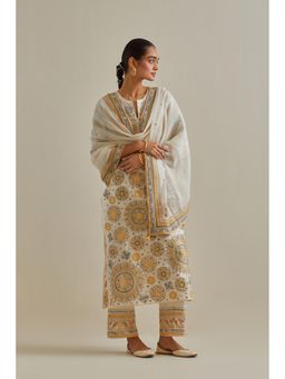 KORA - Women'S Yellow Embroidered Round Neck Kurta Slip with Pant and Dupatta (Set of 4)