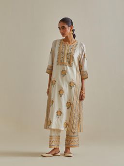 KORA - Women'S Yellow Embroidered Round Neck Kurta with Slip and Pant (Set of 3)