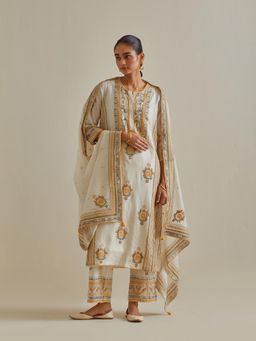 KORA - Women'S Yellow Embroidered Round Neck Kurta Slip with Pant and Dupatta (Set of 4)