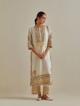 KORA - Women'S Yellow Embroidered Round Neck Kurta with Slip and Pant (Set of 3)