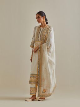 KORA - Women'S Yellow Embroidered Round Neck Kurta Slip with Pant and Dupatta (Set of 4)