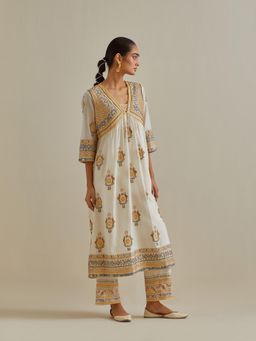 KORA - Women'S Yellow Embroidered Round Neck Kurta with Slip and Pant (Set of 3)
