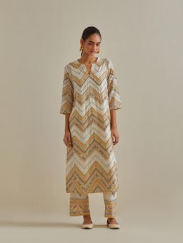 KORA - Women'S Yellow Embroidered Round Neck Kurta with Slip and Pant (Set of 3)