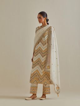 KORA - Women'S Yellow Embroidered Round Neck Kurta Slip with Pant and Dupatta (Set of 4)