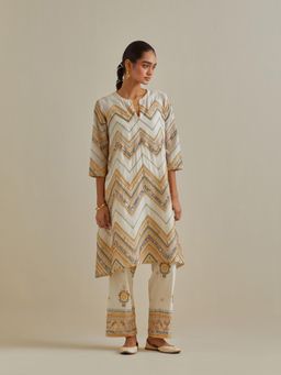 KORA - Women'S Yellow Embroidered Round Neck Kurta with Slip and Pant (Set of 3)