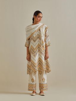 KORA - Women'S Yellow Embroidered Round Neck Kurta Slip with Pant and Dupatta (Set of 4)