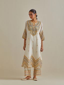 KORA - Women'S Yellow Embroidered Round Neck Kurta with Slip and Pant (Set of 3)