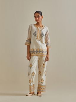 KORA - Women'S Yellow Embroidered Round Neck Top with Slip and Pant (Set of 3)