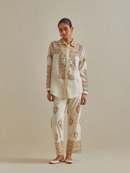 KORA - Women'S Yellow Embroidered Collar Neck Shirt with Slip and Pant (Set of 3)